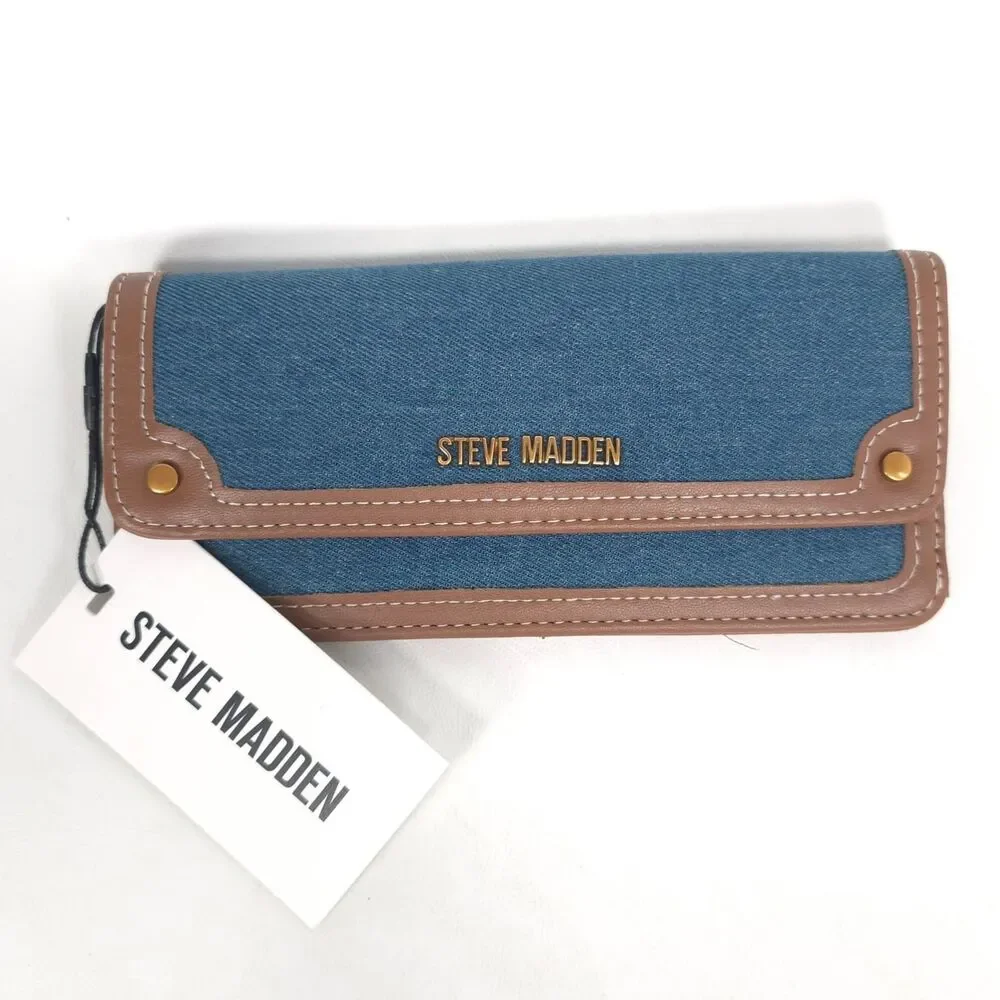 STEVE MADDEN Women's New Denim Snap Zip Wallet Blue Brown BDENNI